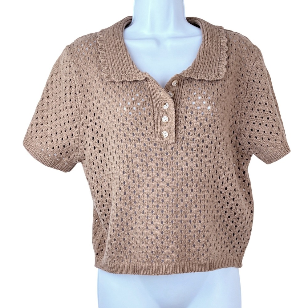 Lizette Collection Womens XL Tan Pointelle Knit Short Sleeve Polo‎ Henley LC7026